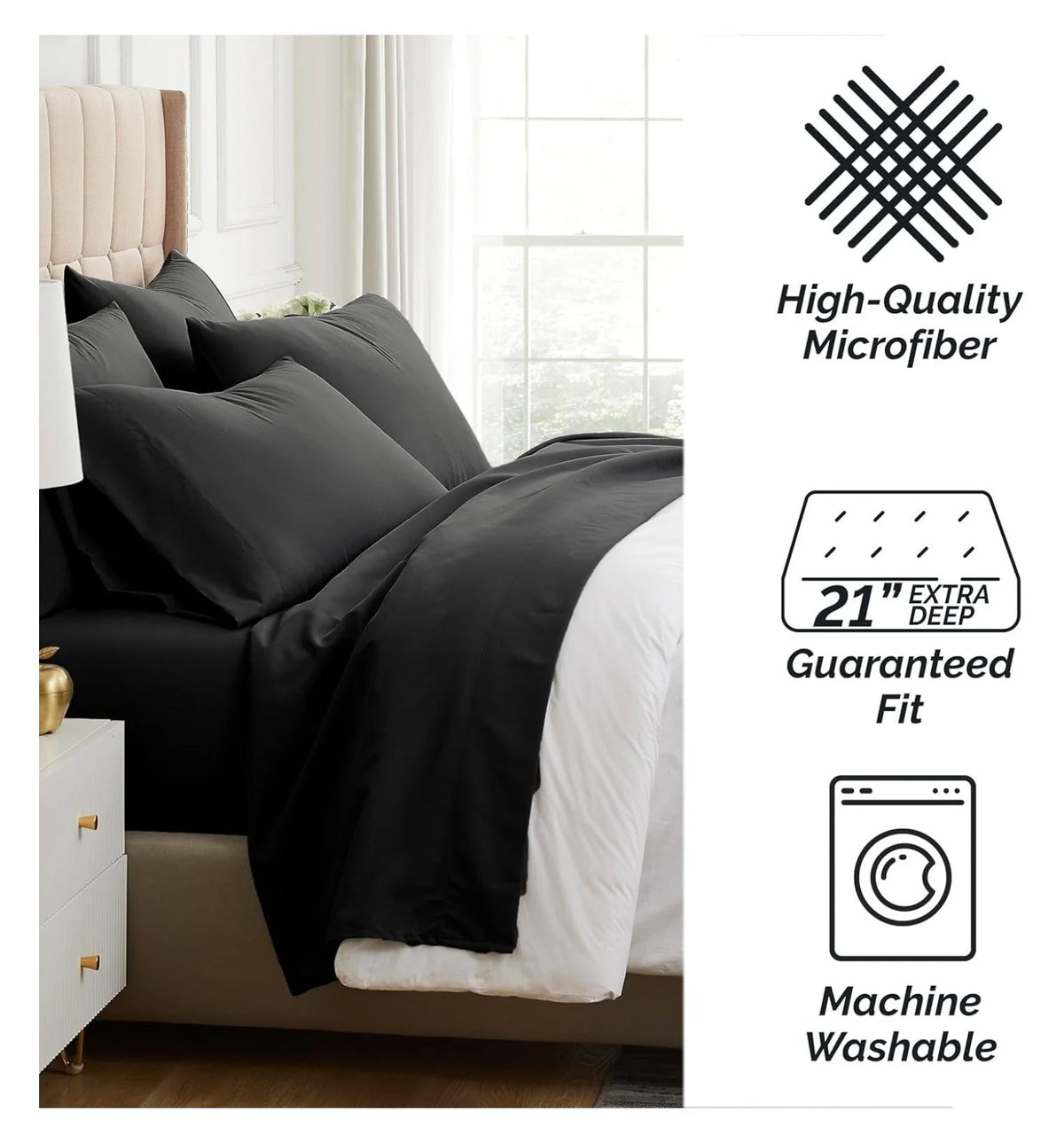Black 6-Piece King Microfiber Bed Sheets Set with 21" Deep Fitted Sheet H32509