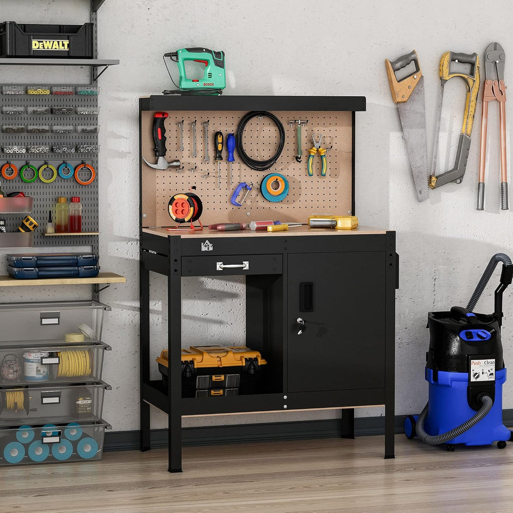 Multipurpose Workbench with Slide Drawer, Peg Board, Storage Cabinet P9079