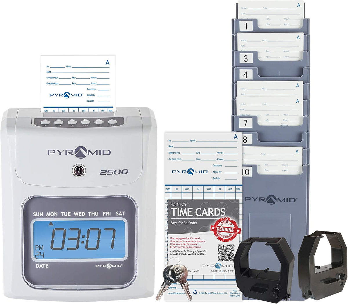 Time Clock Bundle with 100 Time Cards, Two Ink Ribbon Cartridges, 10 Slot Time Card Rack and Two Security Keys Y5545