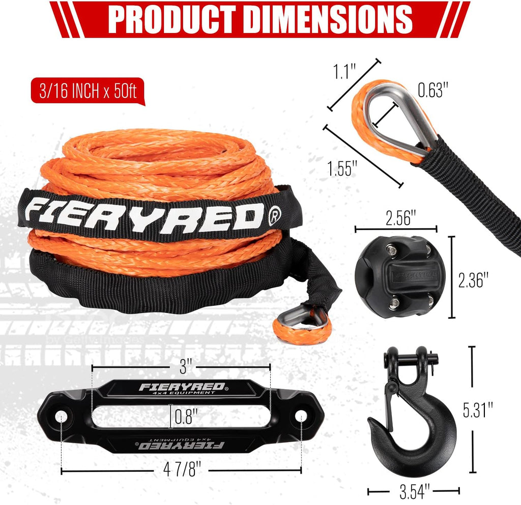 Orange 3/16 50FT Synthetic Winch Rope Cable Kit with Forged Hook Fairleads, Pack of 2 J387