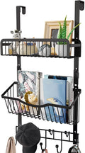 Over The Door Hooks Organizer with 9 Coat Hooks & 2 Wire Basket Hanging Storage (Black) T812810