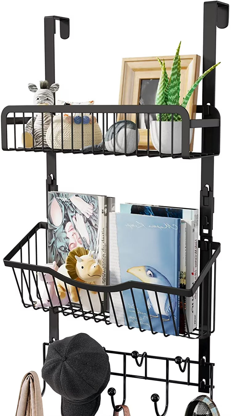 Over The Door Hooks Organizer with 9 Coat Hooks & 2 Wire Basket Hanging Storage (Black) T812810