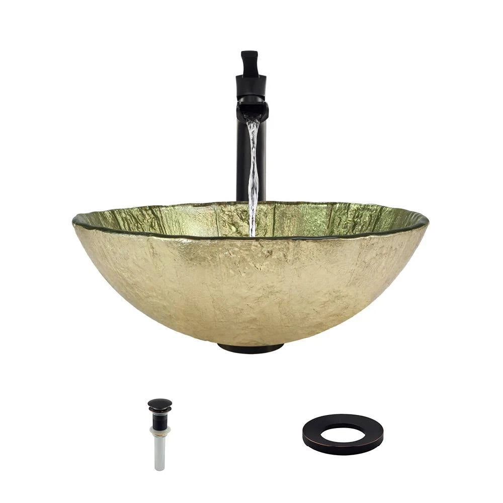 Gold Foil Glass Vessel Sink with Faucet and Pop-Up Drain S85007