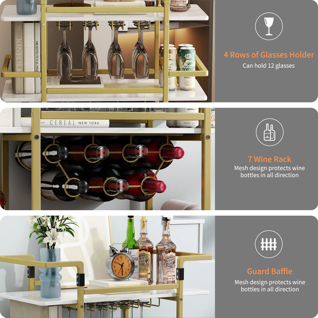 Golden 3-Tier Bar Cart with Wine Rack and Glass Cup Storage Y96429
