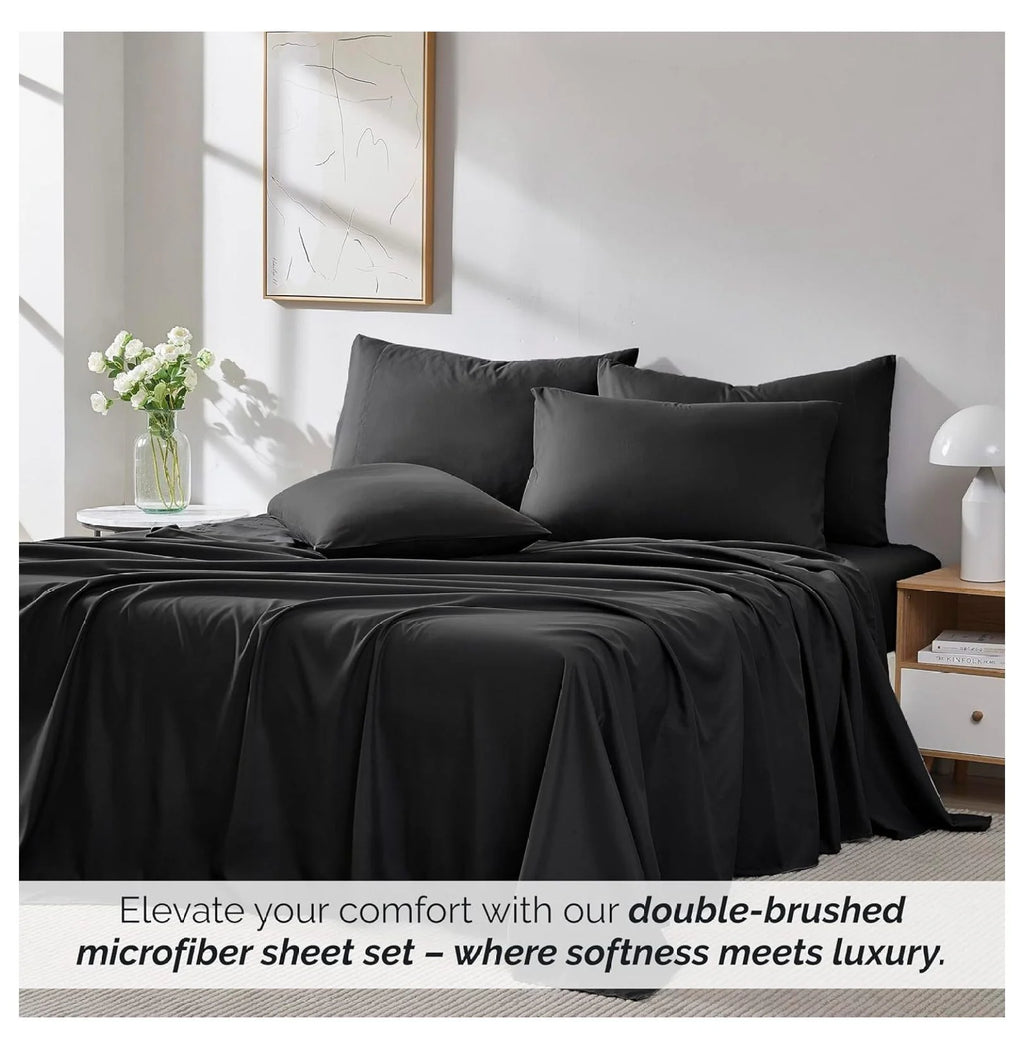 Black 6-Piece King Microfiber Bed Sheets Set with 21" Deep Fitted Sheet H32509