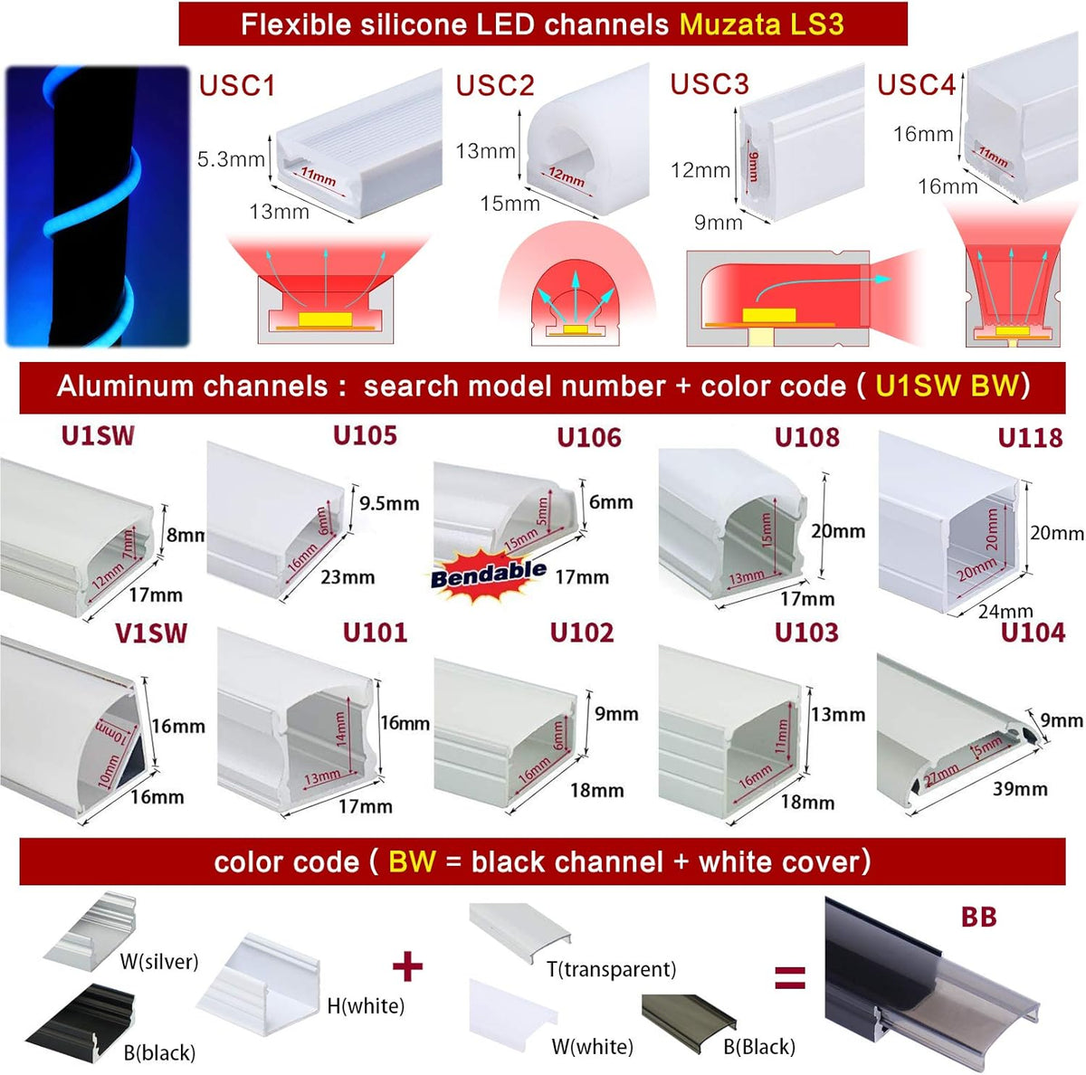 20Pack 6.6FT/2M Black LED Aluminum Channel System with Smoke Transparent Cover X640481