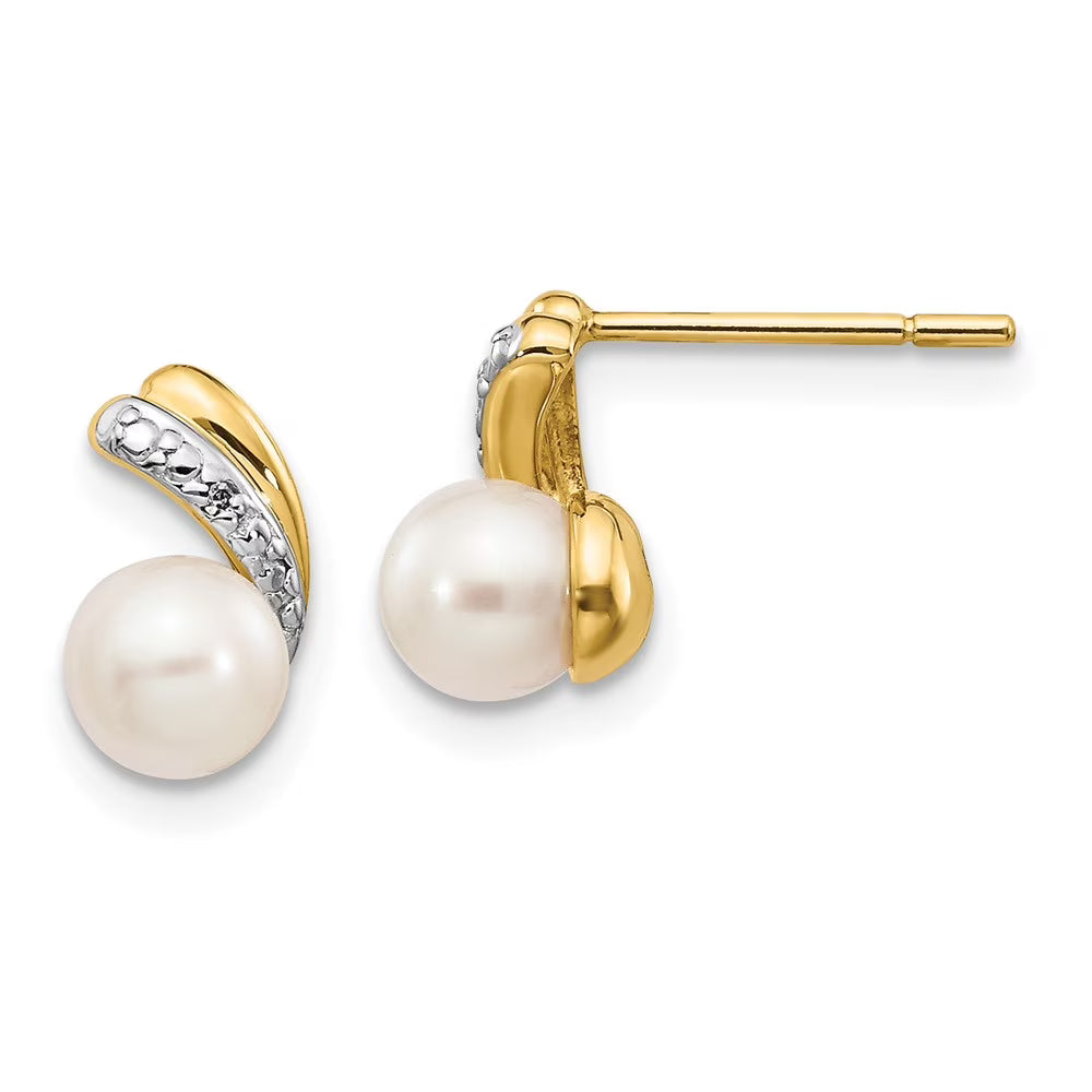14k White Round Pearl Diamond Post Earrings W91451