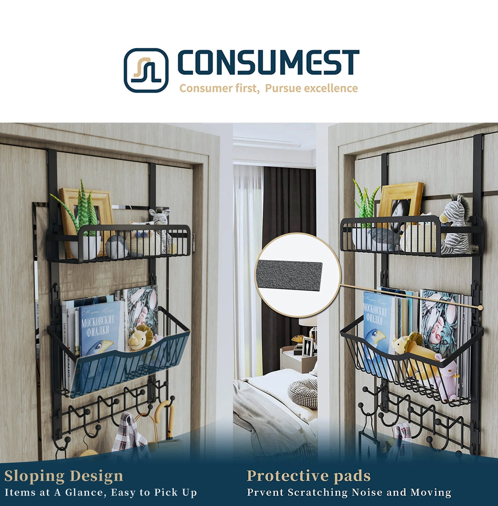 Over The Door Hooks Organizer with 9 Coat Hooks & 2 Wire Basket Hanging Storage (Black) T812810
