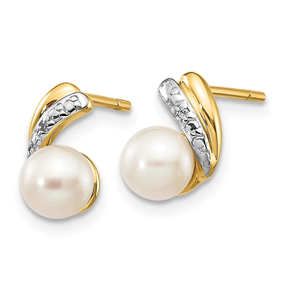 14k White Round Pearl Diamond Post Earrings W91451