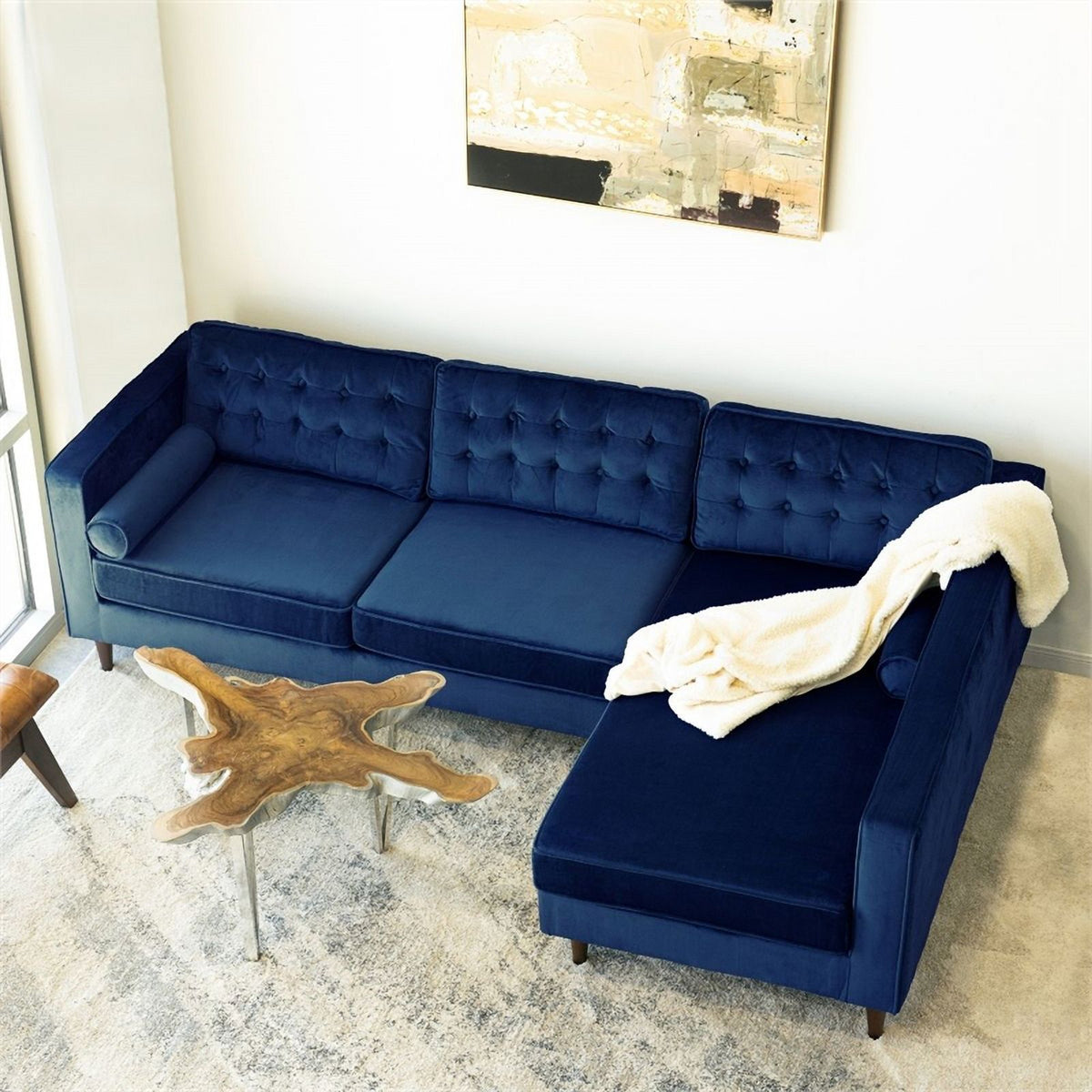 Blue Velvet L-Shaped Right-Facing Sectional E932