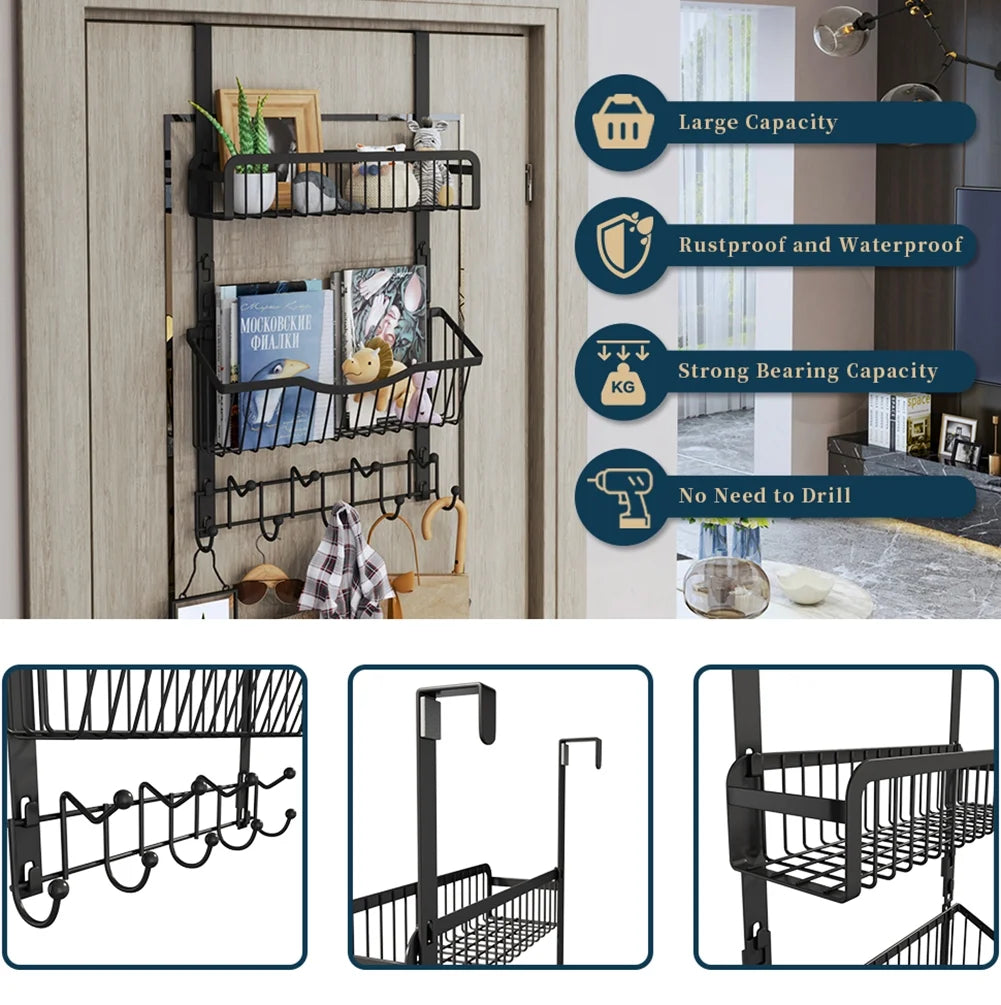 Over The Door Hooks Organizer with 9 Coat Hooks & 2 Wire Basket Hanging Storage (Black) T812810