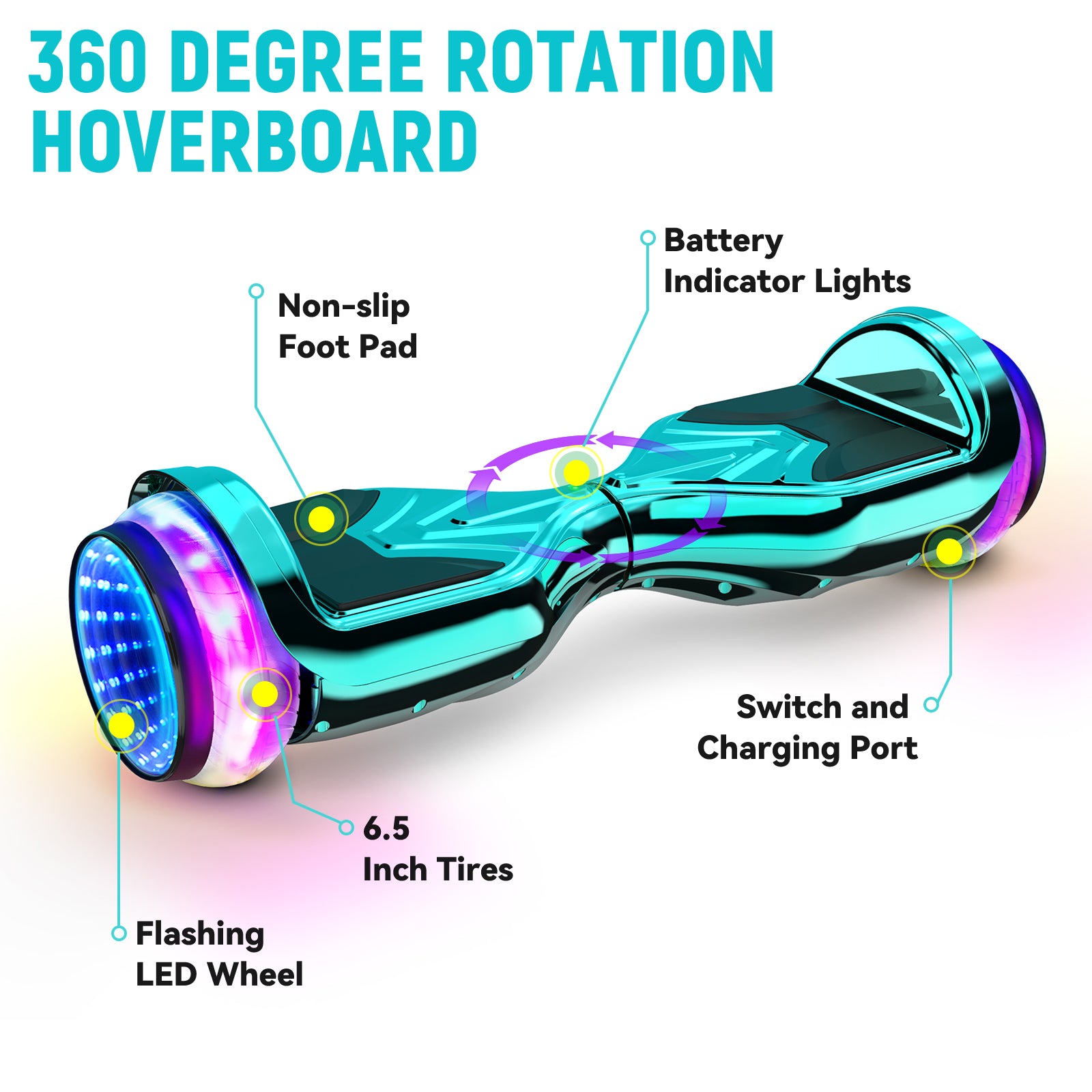 Bluetooth Hoverboard with LED Lights, All Terrain 6.5 inch Two Wheels Electric Scooter Q47769