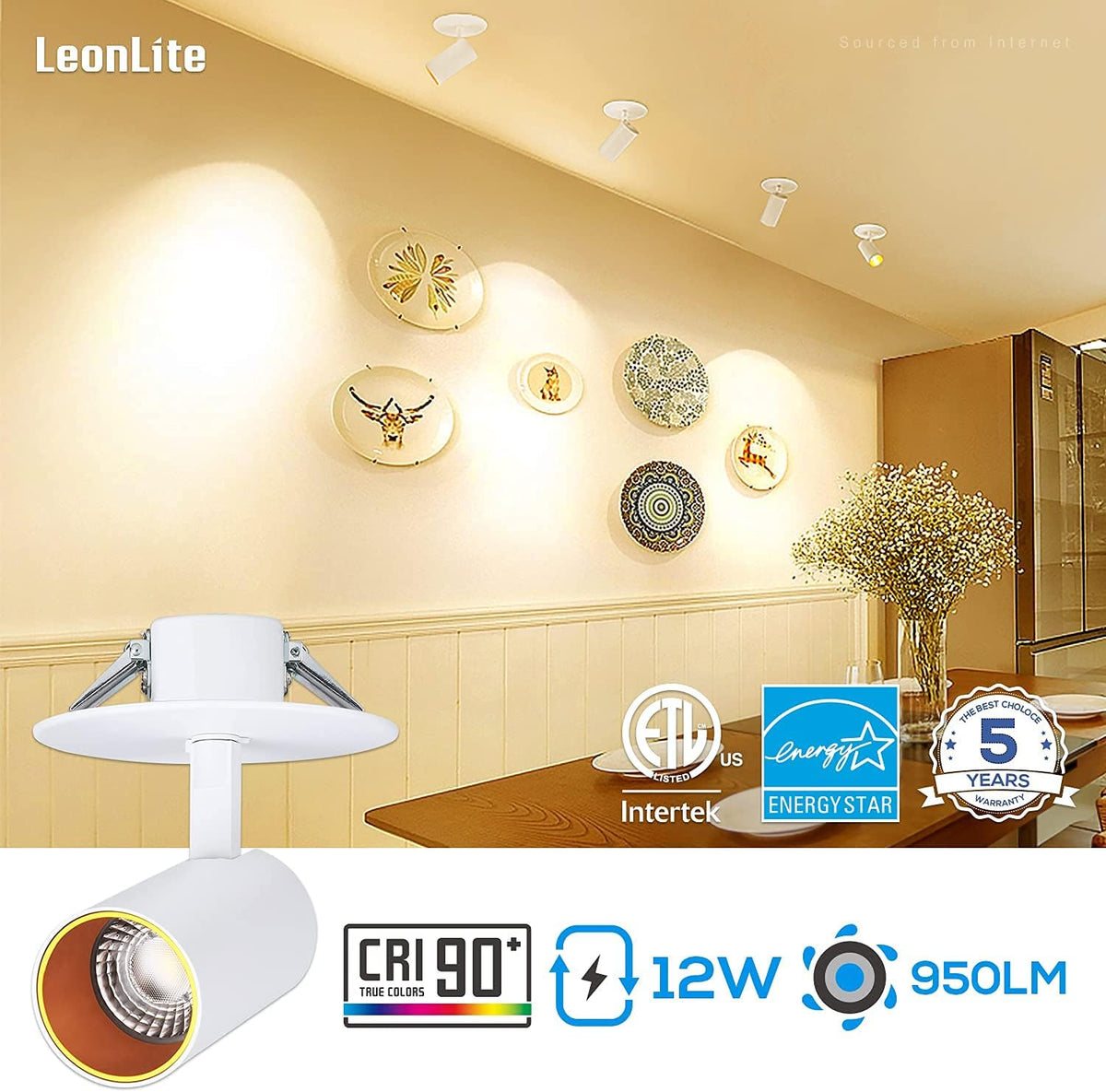 LED Ceiling Spotlight, CRI90+ 950lm Adjustable Dimmable Recessed Spotlights 3/4 Inch, Aluminum 12W, 3000K Warm White, Pack of 2 A55361
