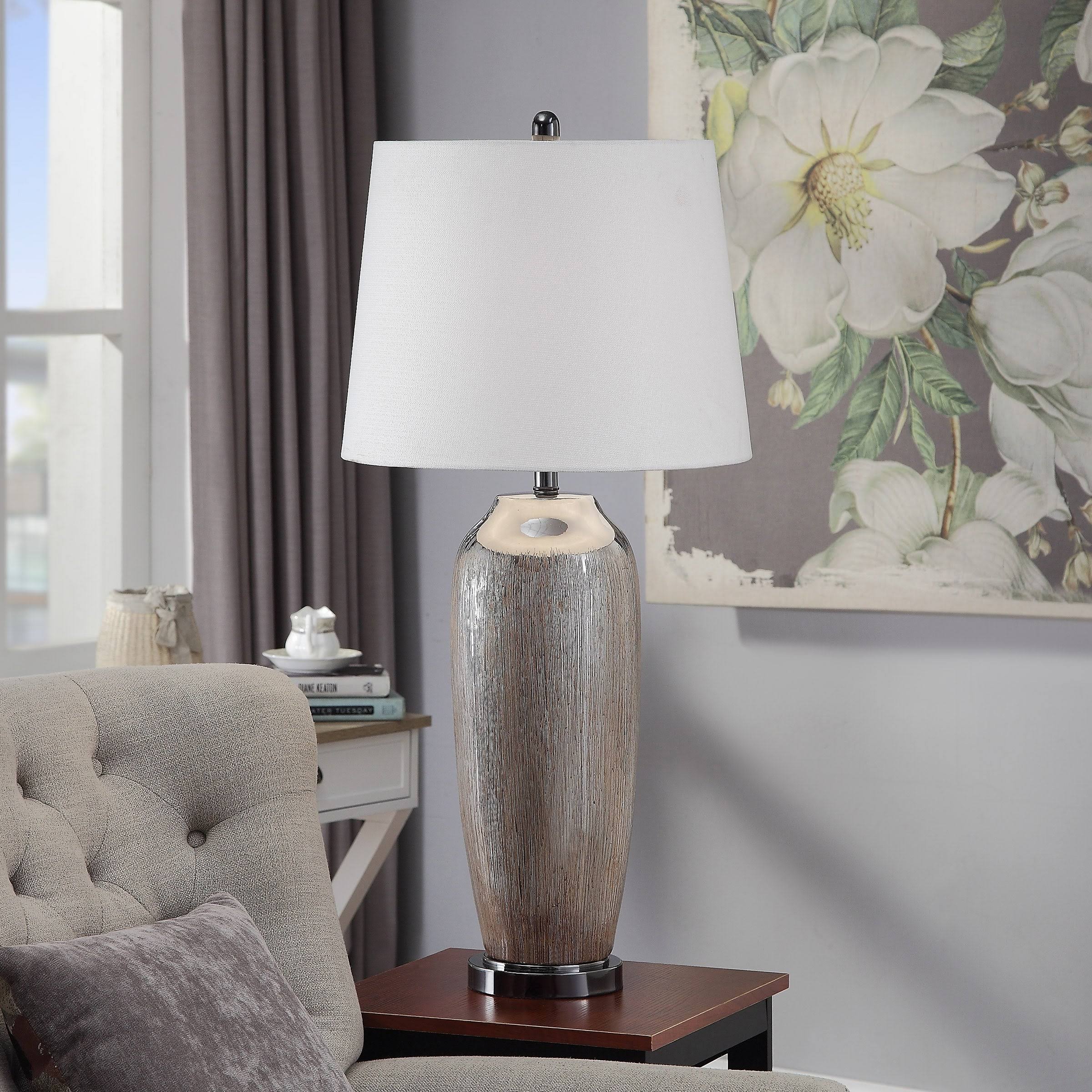 Silver Ceramic Column Table Lamp with Black Nickel Base J89559
