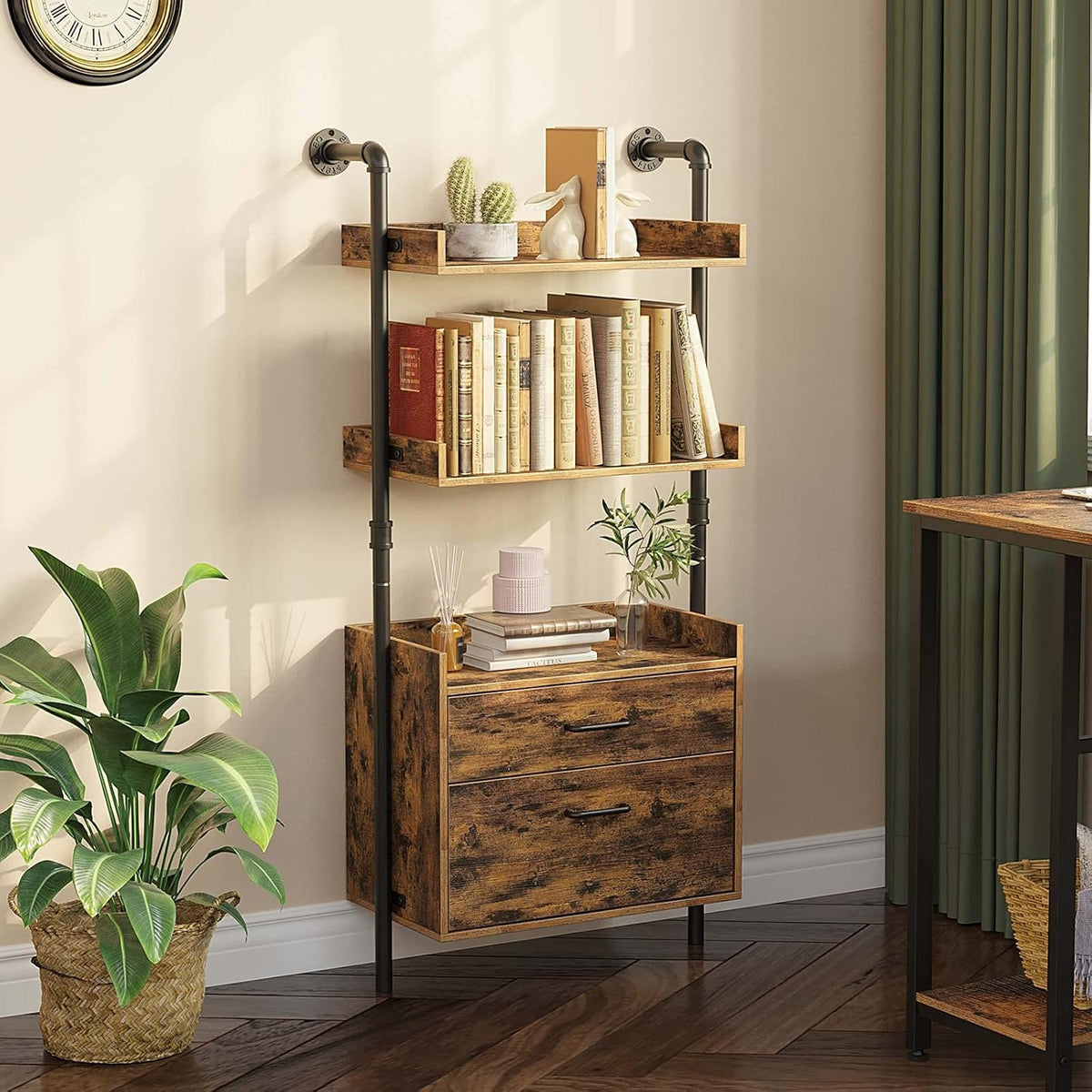 Industrial Bookshelf with 2 Wood Drawers, 4-Tier, Rustic Brown Z95992
