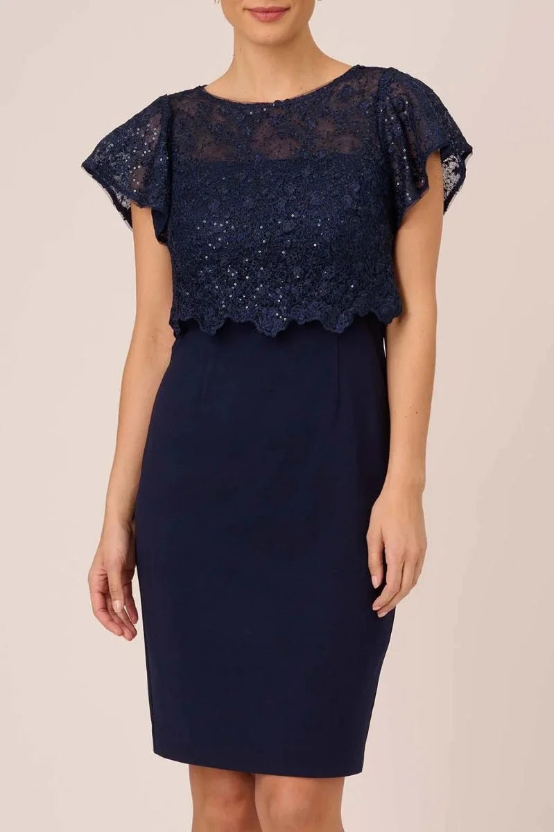 Navy Cap Sleeve Lace Crepe Dress R14797