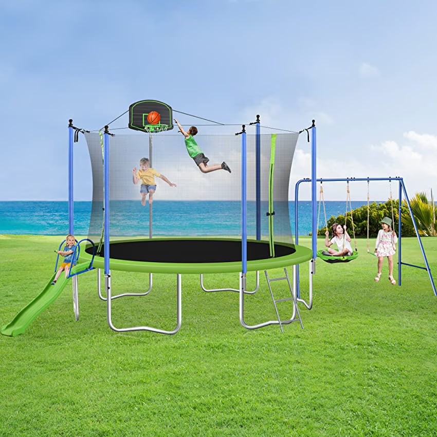 12FT Trampoline with Basketball Board and Swing Stand J252338