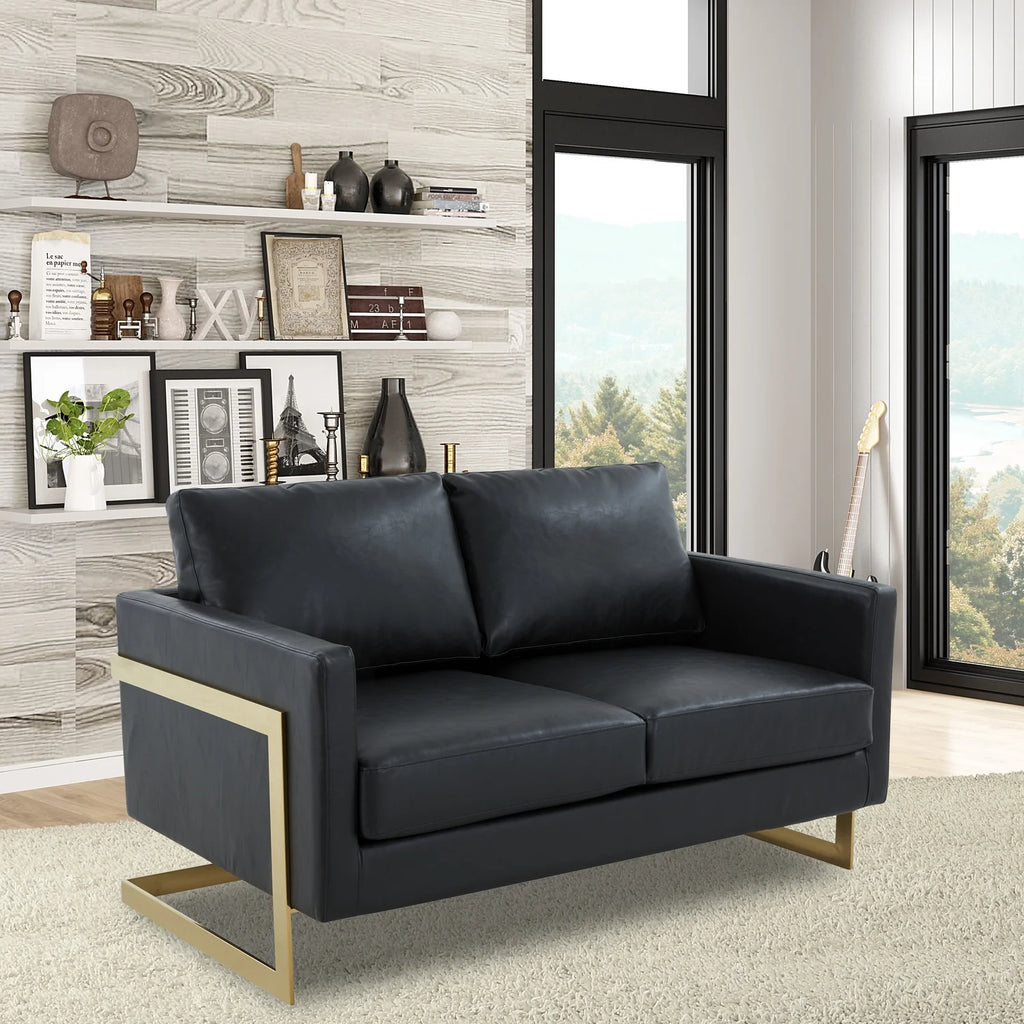 Mid-Century Upholstered Leather Loveseat with Gold Frame I475