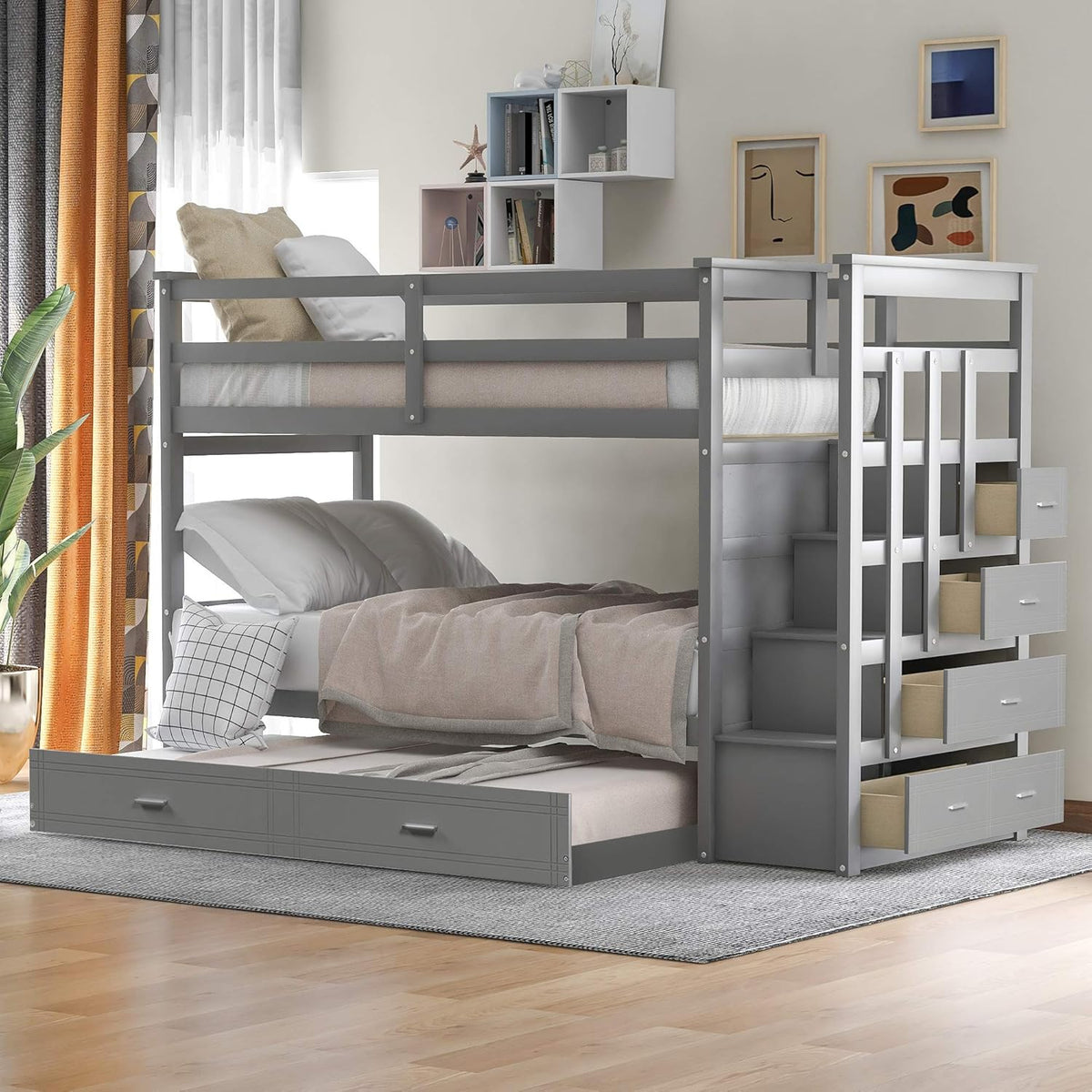 Grey Wood Twin Over Twin Bunk Bed with Trundle and Storage Drawers F794058