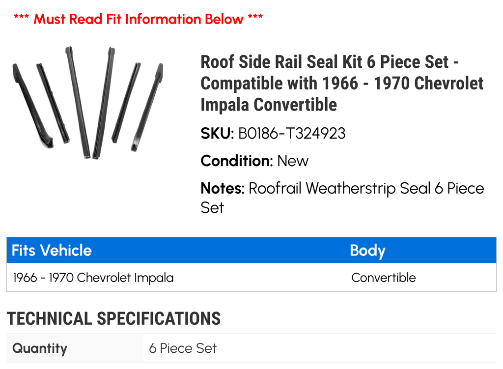 Roof Side Rail Seal Kit 6 Piece Set P921911