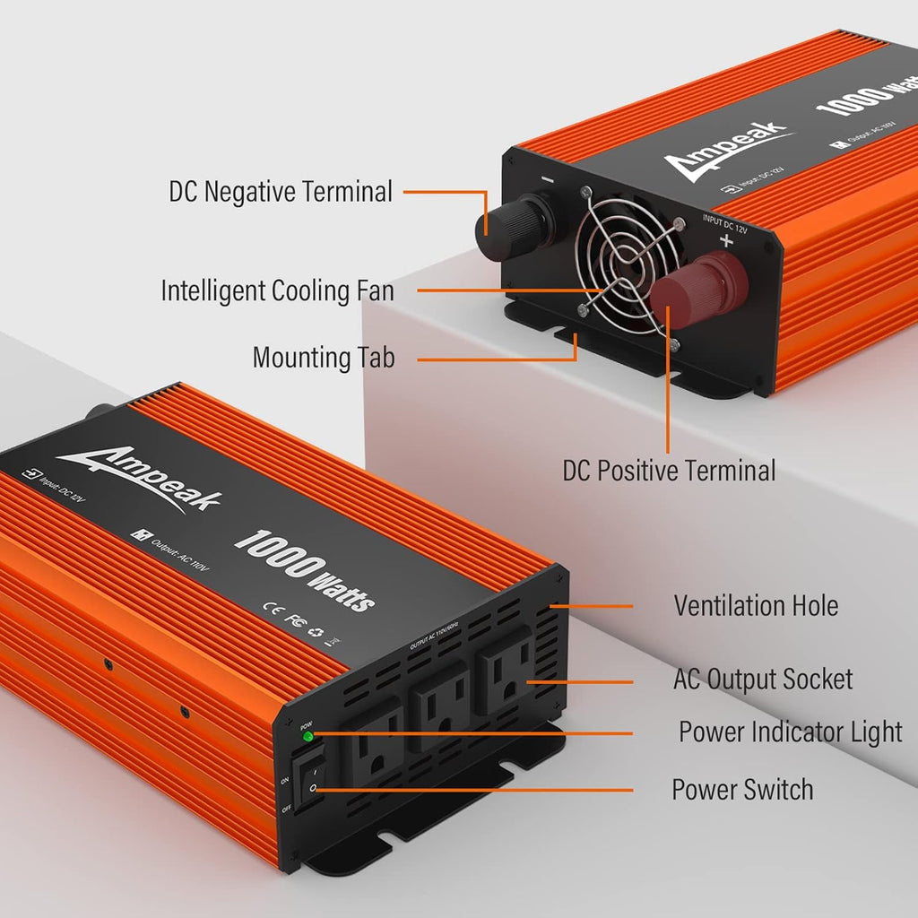 1000W Power Inverter 12V to 110V DC to AC Converter with 3 AC Outlets H24937