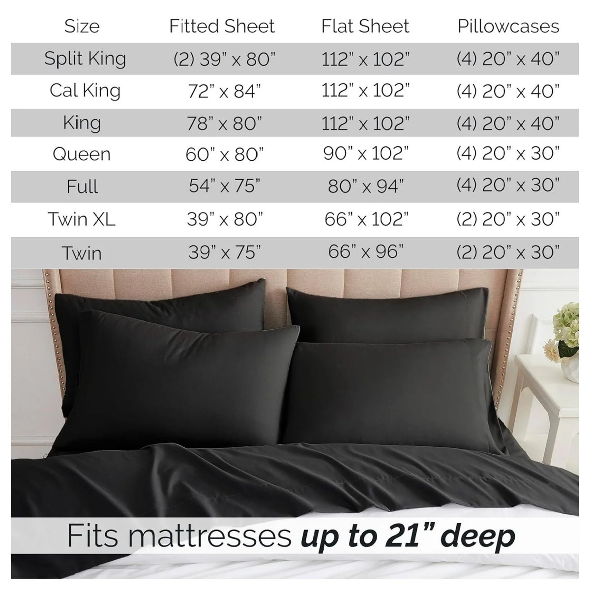 Black 6-Piece King Microfiber Bed Sheets Set with 21" Deep Fitted Sheet H32509