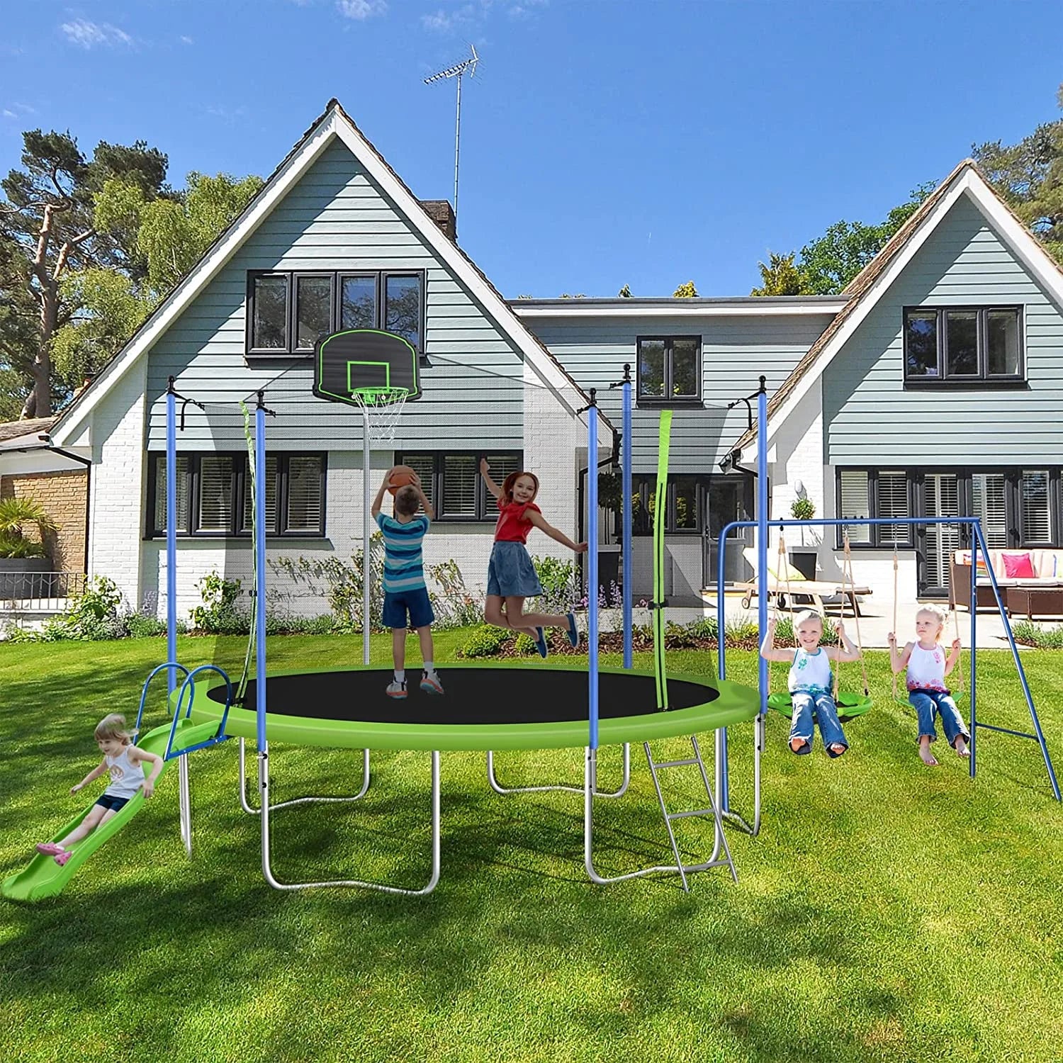 12FT Trampoline with Basketball Board and Swing Stand J252338