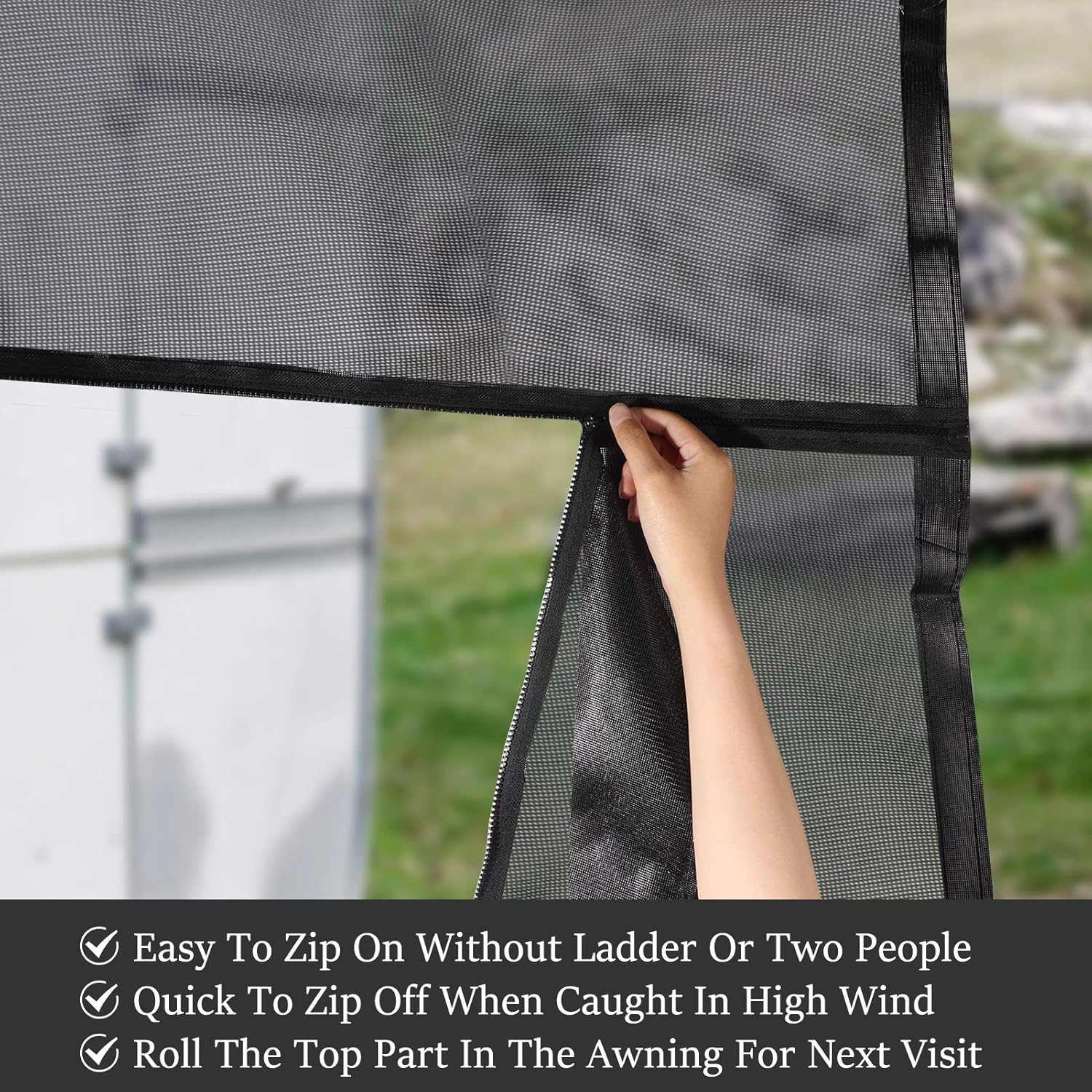 RV Awning Shade Screen with Zipper 15' x 8' Black Mesh Sun Shade C99063