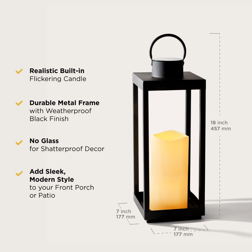 Large Outdoor Lantern with Solar Candle, 18 Inch Tall, Matte Black Metal Frame, Waterproof Flameless Pillar Candle O860205