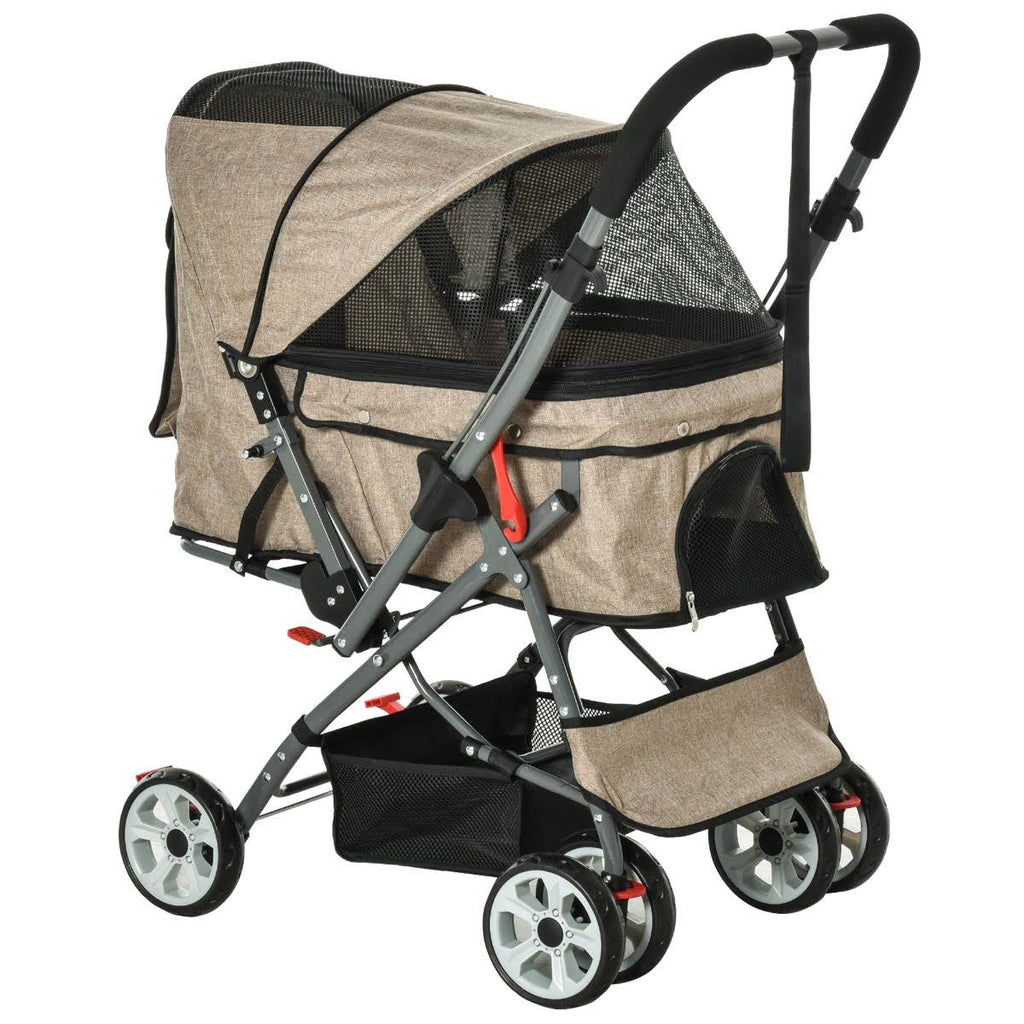 Foldable Pet Stroller with Reversible Handle Basket Storage Bag 3-Stage Canopy Zippered Mesh E93084