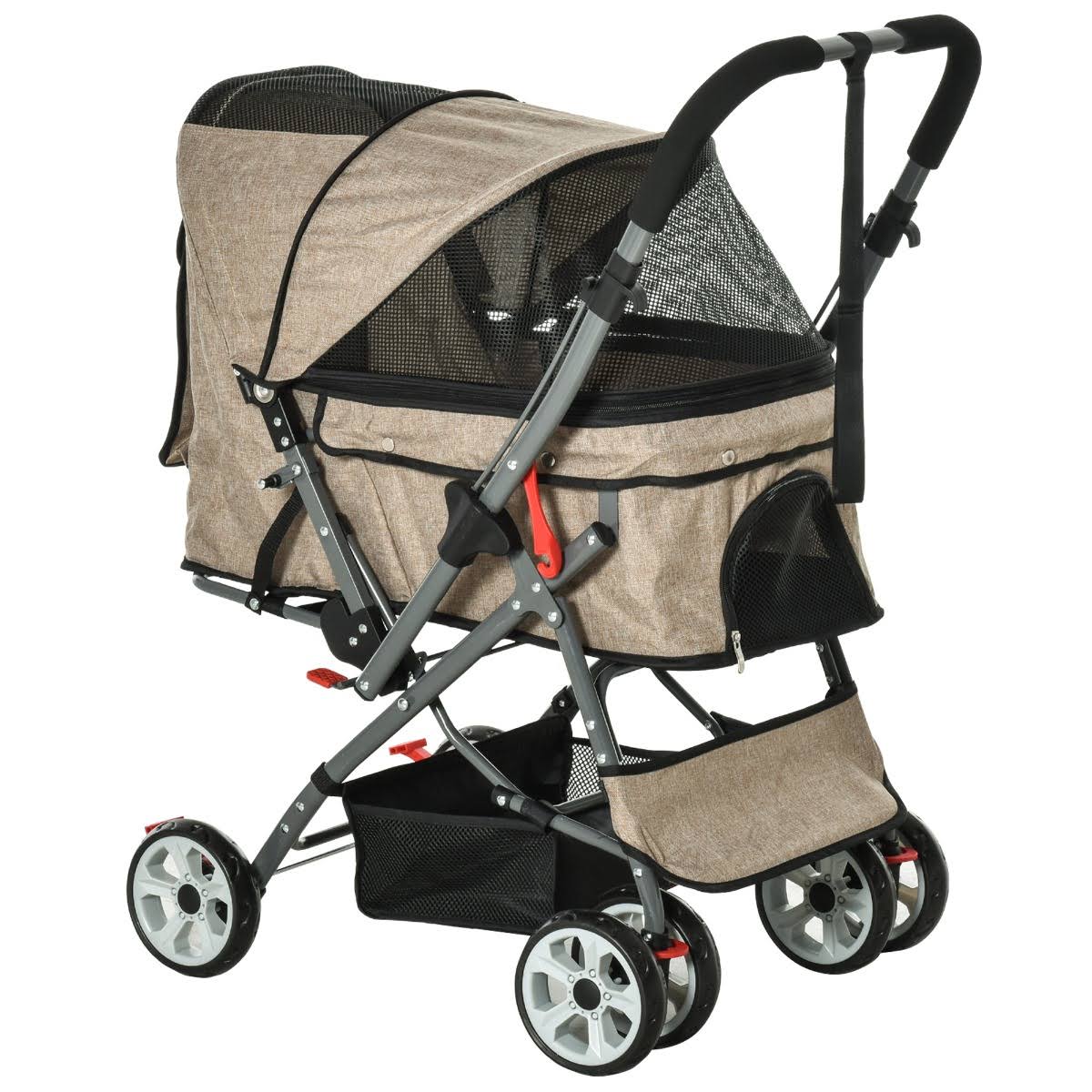 Foldable Pet Stroller with Reversible Handle Basket Storage Bag 3-Stage Canopy Zippered Mesh E93084