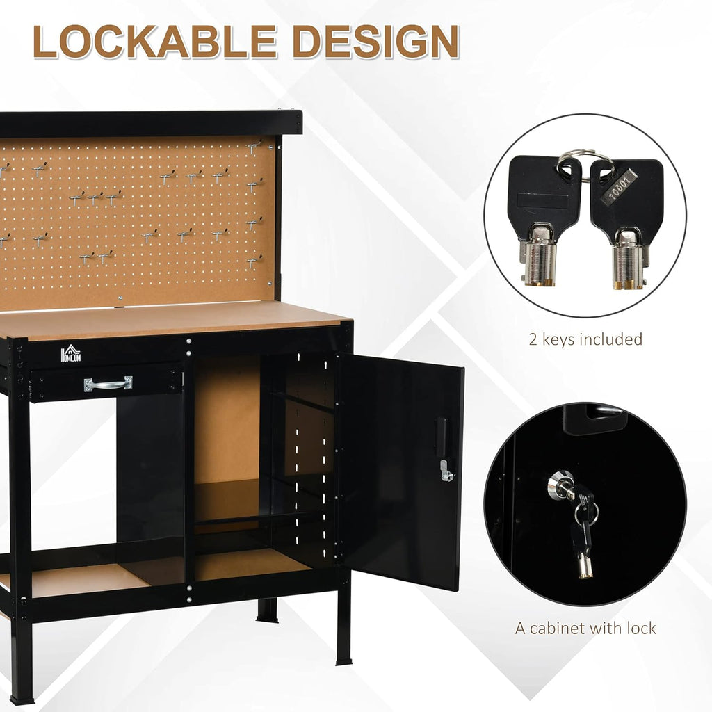 Multipurpose Workbench with Slide Drawer, Peg Board, Storage Cabinet P9079