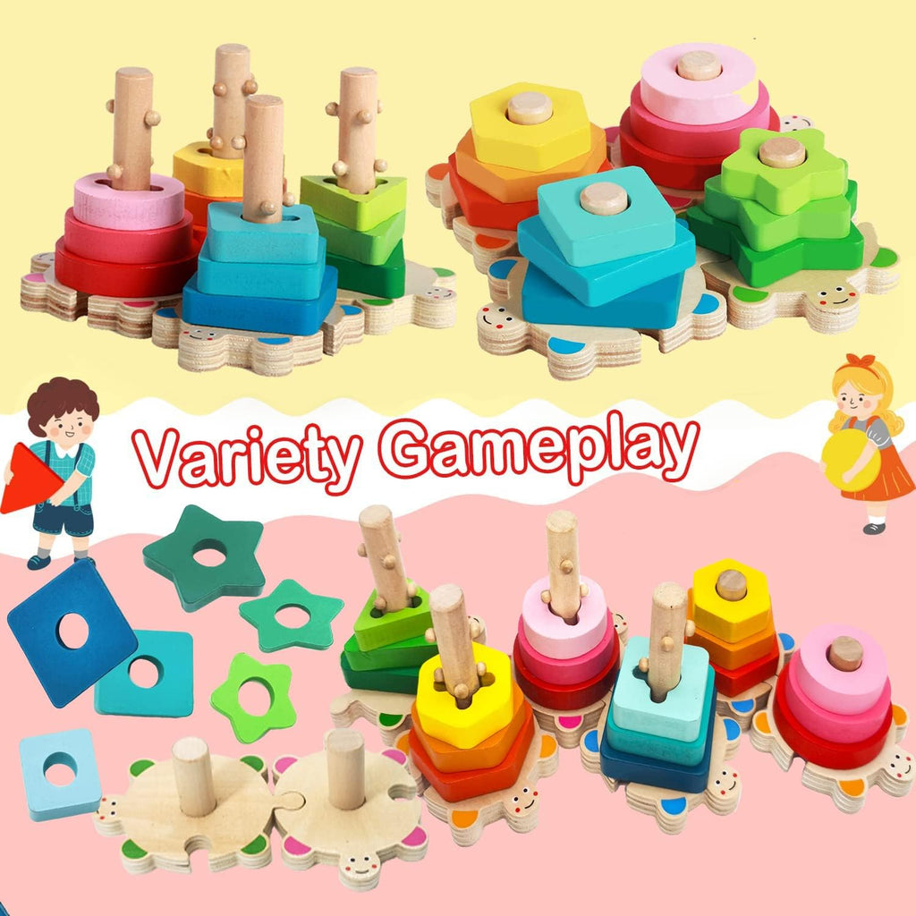 Wooden Shape Sorter and Stacking Toys, 8PCS Toddler Montessori Geometric Block Puzzle C7546