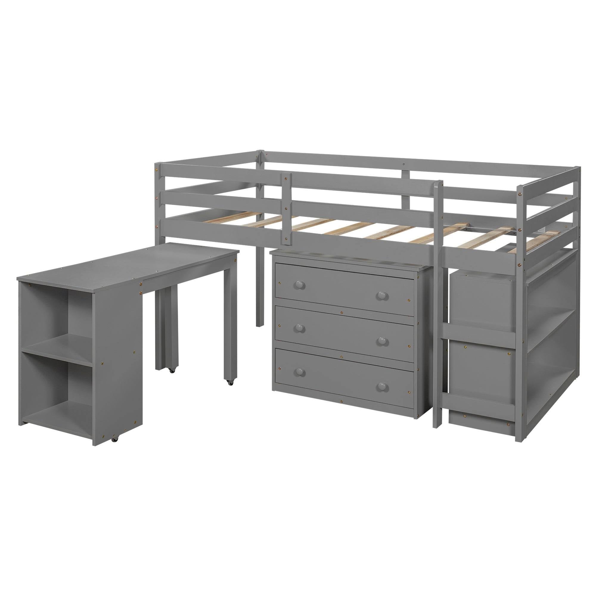 Twin Loft Bed with Cabinet and Rolling F3880