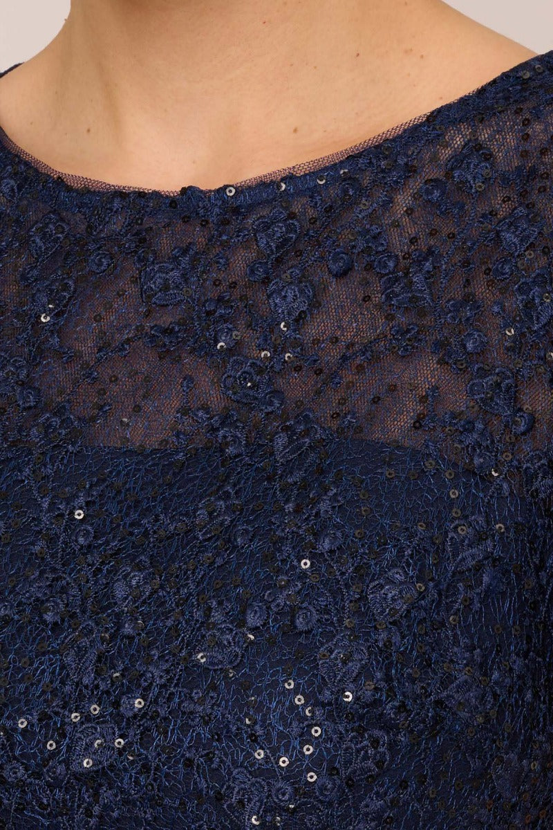 Navy Cap Sleeve Lace Crepe Dress R14797