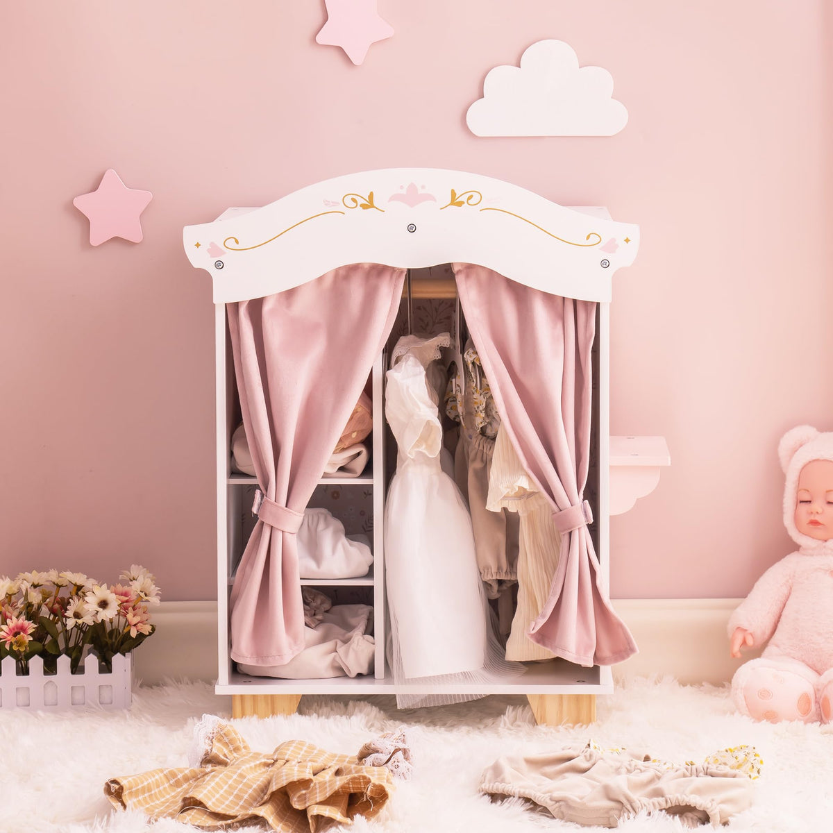 Pink Wooden Doll Armoire Closet with Vanity Table and 5 Clothing Hangers A832