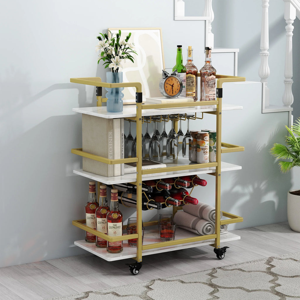 Golden 3-Tier Bar Cart with Wine Rack and Glass Cup Storage Y96429