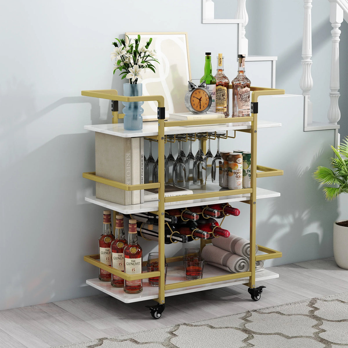 Golden 3-Tier Bar Cart with Wine Rack and Glass Cup Storage Y96429