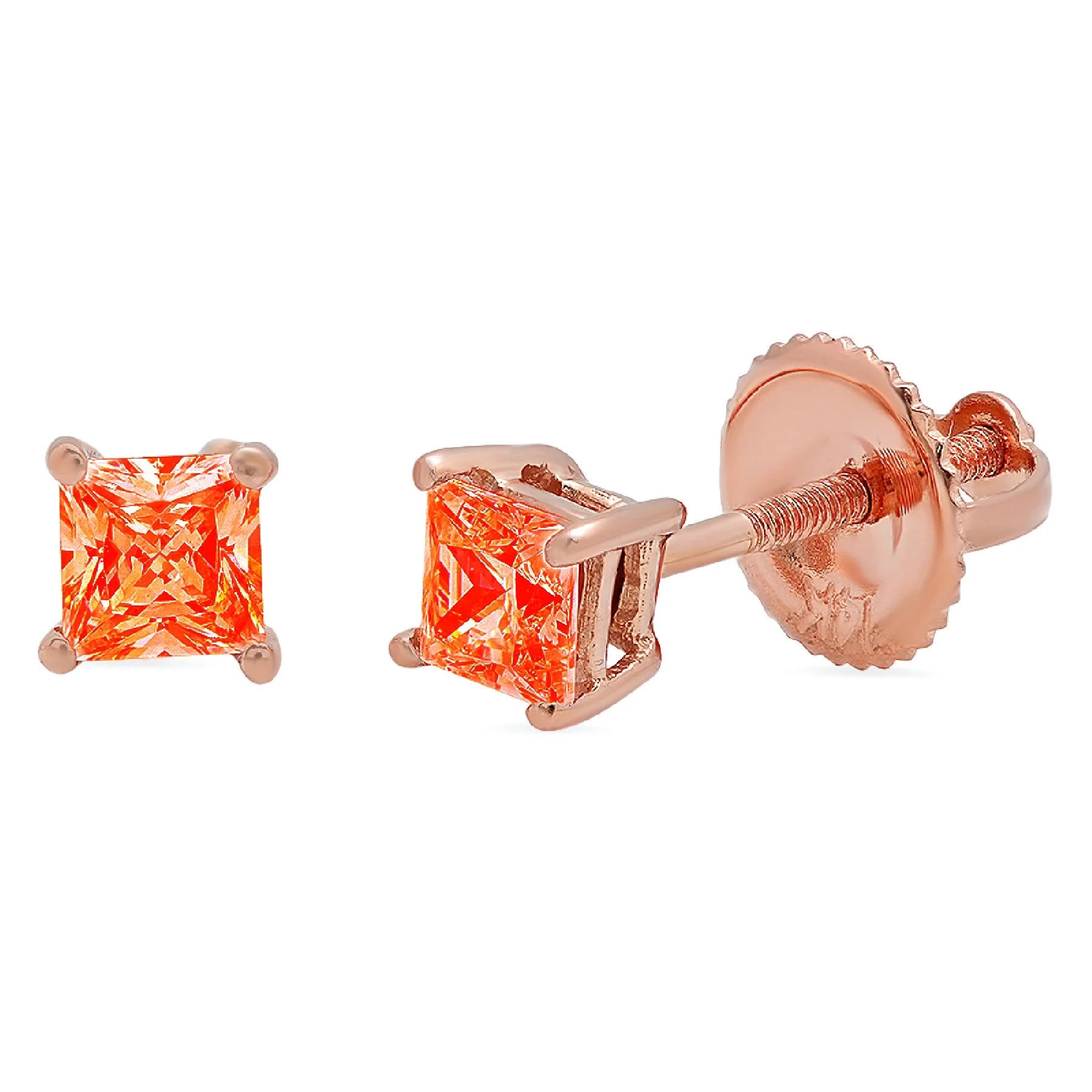 1 ct Princess Cut Solitaire Studs VVS1 Red Simulated Diamond Solid 18K Pink Rose Gold Earrings Screw back Q67470