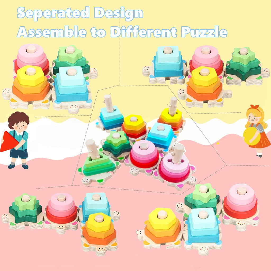 Wooden Shape Sorter and Stacking Toys, 8PCS Toddler Montessori Geometric Block Puzzle C7546