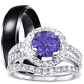 Purple CZ Black Silver Wedding Engagement Rings Set Q22990