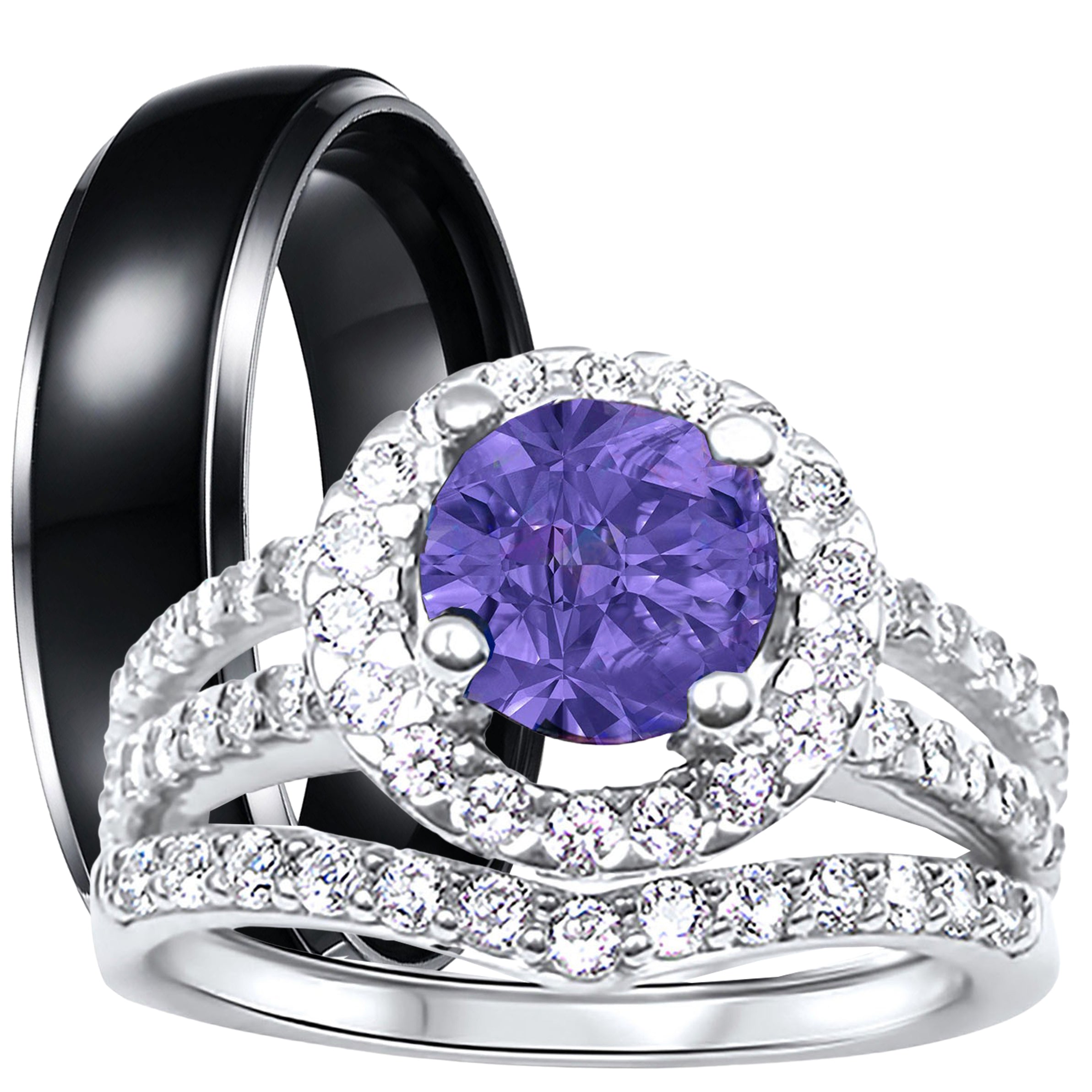 Purple CZ Black Silver Wedding Engagement Rings Set Q22990