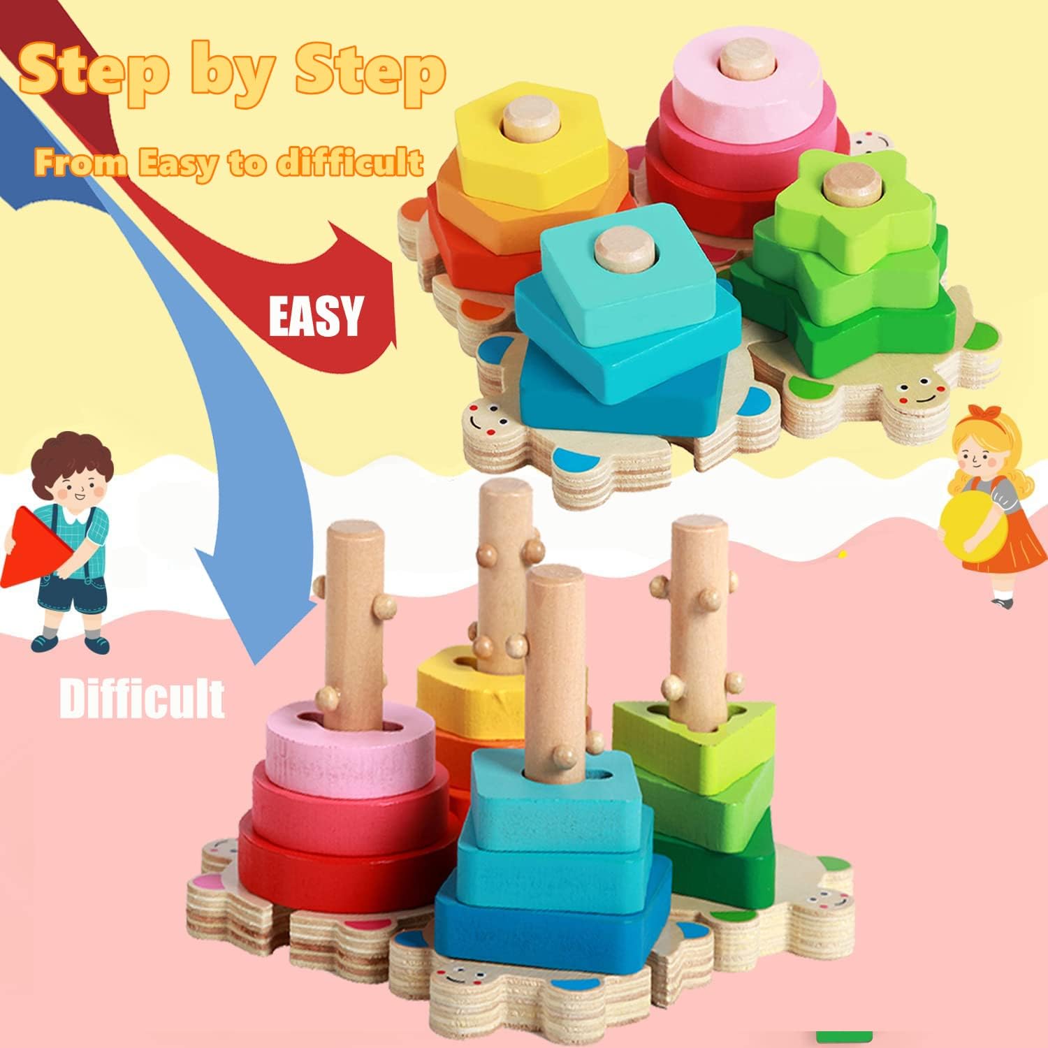 Wooden Shape Sorter and Stacking Toys, 8PCS Toddler Montessori Geometric Block Puzzle C7546