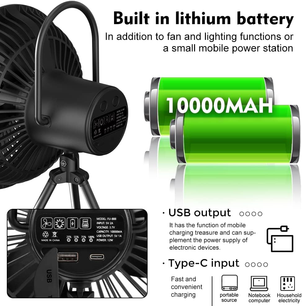 Camping Fan with LED Lantern, USB Desk Fan, Pack of 2 P863765
