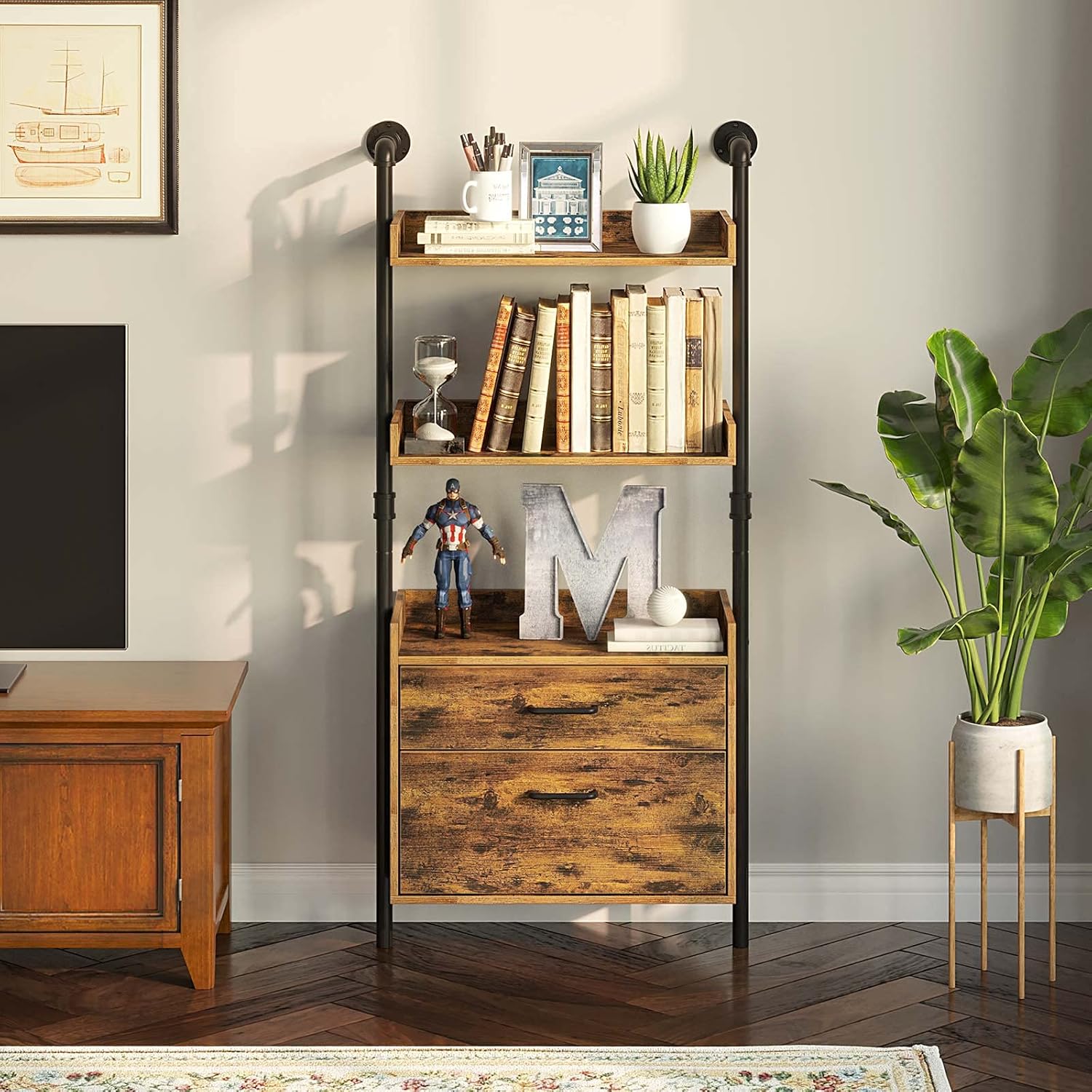 Industrial Bookshelf with 2 Wood Drawers, 4-Tier, Rustic Brown Z95992