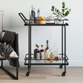 2-Tiered Black Glass and Metal Rolling Bar Cart Z4532