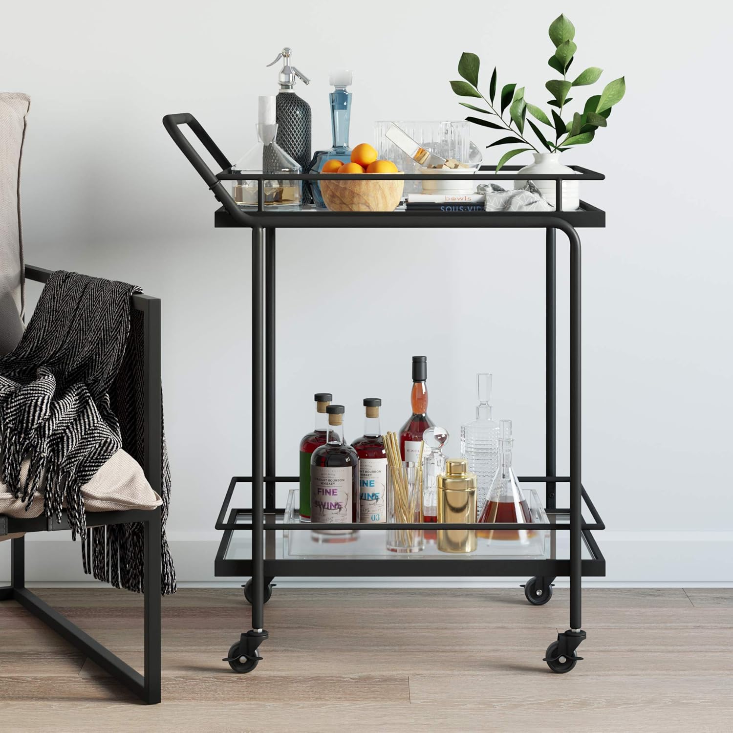 2-Tiered Black Glass and Metal Rolling Bar Cart Z4532