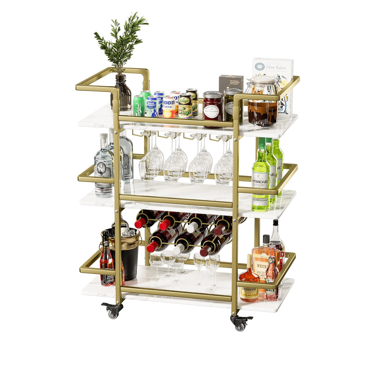 Golden 3-Tier Bar Cart with Wine Rack and Glass Cup Storage Y96429