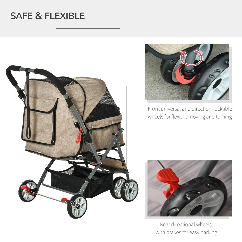 Foldable Pet Stroller with Reversible Handle Basket Storage Bag 3-Stage Canopy Zippered Mesh E93084