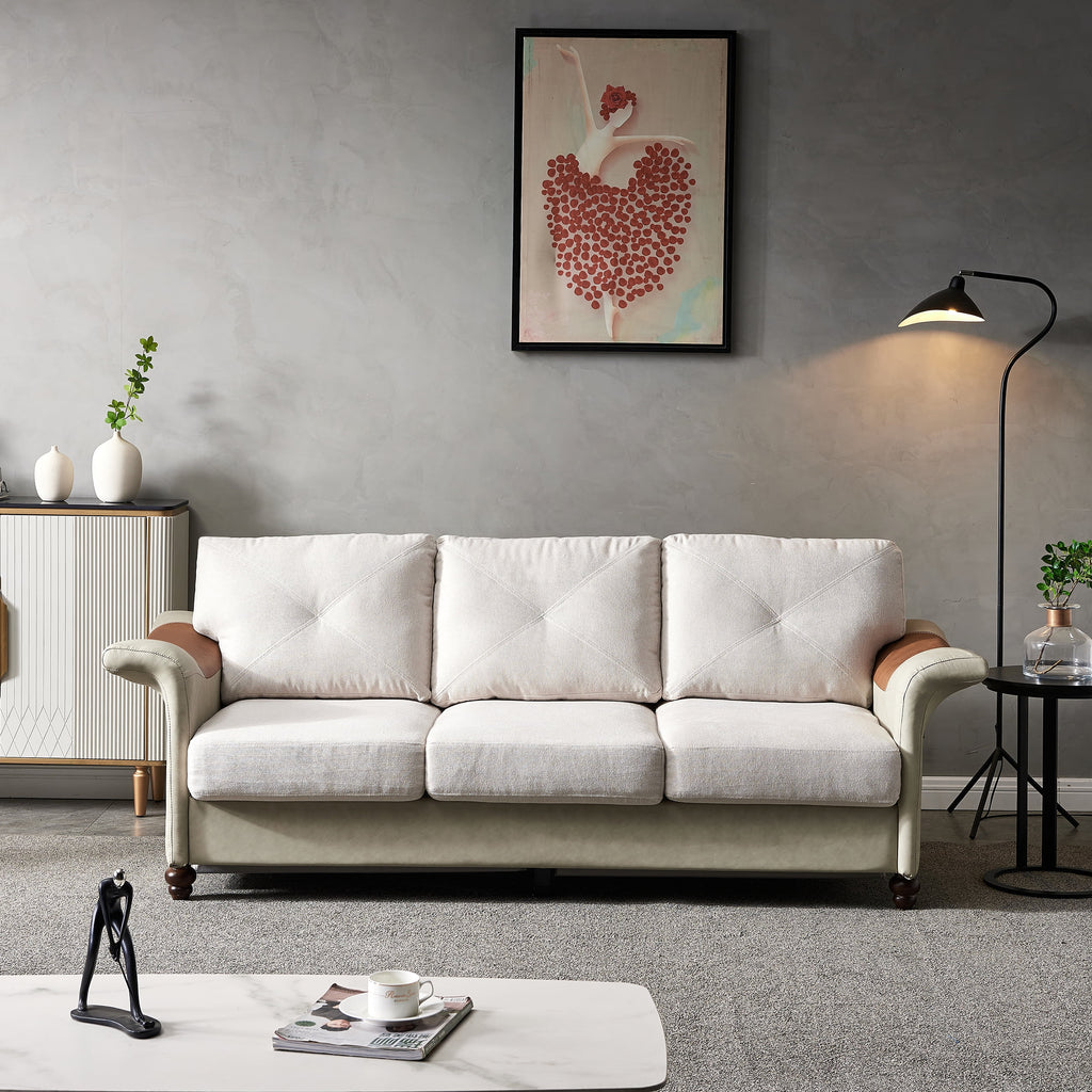 Beige Linen Fabric Faux Leather Sofa with Wood Leg G410569